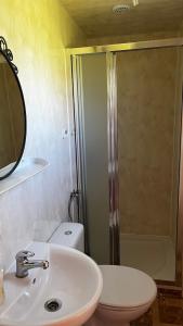 a bathroom with a sink and a toilet and a shower at Dobra Miejscówka Domki nad Jeziorem Solińskim Jacuzzi 60 m od plaży 504-978-418 in Zawóz
