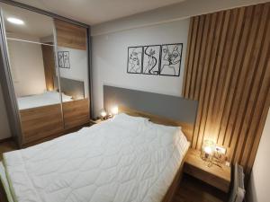 a bedroom with a white bed and a mirror at Centar Park Lux in Vrnjačka Banja