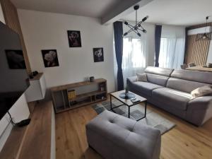 a living room with a couch and a table at Centar Park Lux in Vrnjačka Banja
