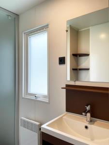 ein Badezimmer mit Waschbecken und Spiegel in der Unterkunft Camping Canal de Berry in Saint-Amand-Montrond