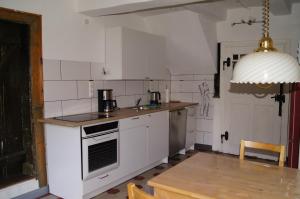 a kitchen with a sink and a stove top oven at Mitten im Garten in Friedland