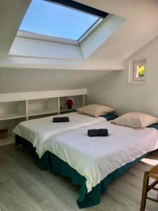 two beds in a room with a skylight at Charmante villa aux portes de Paris in Issy-les-Moulineaux
