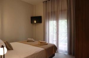 a bedroom with a bed and a window with a television at FILIRA Luxurious Apartment - by Ploumis in Stavros