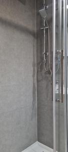 a shower with a glass door in a bathroom at Garden House in Pruszcz Gdański +16 photos