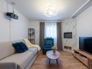 a living room with a couch and a tv and a table at la douceur voironnaise classé 3 étoiles in Voiron +9 photos