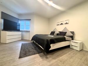 ein Schlafzimmer mit einem Bett, einer Kommode und einem Fernseher in der Unterkunft Simplex Stays Hotel Quartier 8 in Germersheim
