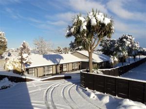 a snow covered house with a palm tree and a fence at Ruapehu Mountain Motel & Lodge in Ohakune