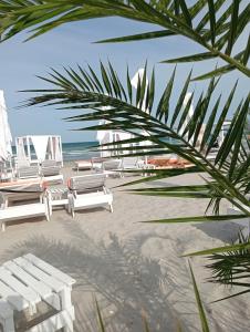 een strand met witte ligstoelen en de oceaan bij Apartament Giulia by Sea View Luxury Residence in Mamaia Nord – Năvodari