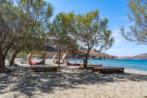 a beach with benches and trees and the water at Elva House in Panormos