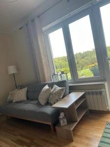 a living room with a couch and two large windows at Apartament nad Brdą in Tuchola