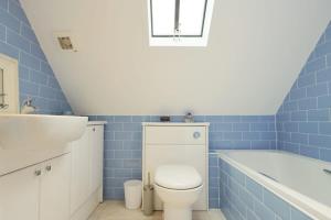 a blue bathroom with a toilet and a bath tub at Musthay Mews Tockington cottage in Bristol +15 photos