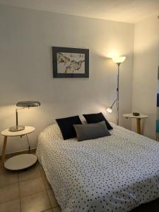 a bedroom with a bed and two tables and a lamp at Villa dans un puits de verdure avec piscine résidentielle in Valbonne +11 photos