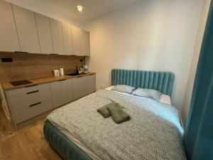 une chambre avec un grand lit et une cuisine dans l'établissement Central Newest Studio Bastova, à Košice 3 autres photos