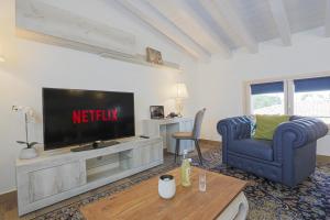デセンツァーノ・デル・ガルダにあるLa Nike - Attico a Desenzano Centro, 10 Minuti dal Lungo Lagoのリビングルーム(テレビ、青い椅子付)