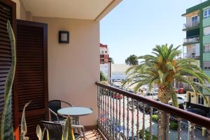 a balcony with a table and a palm tree at Hotel MR Costa Blanca in Denia