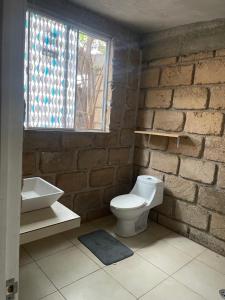 a bathroom with a toilet and a sink and a brick wall at Hermosa casa con dos habitaciones y dos baños in Cerro Gordo +4 photos