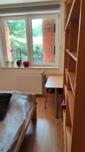 a bedroom with a bed and a table and a window at Diós Apartman Pécs in Pécs +12 photos
