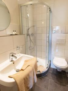 a bathroom with a shower and a sink and a toilet at Weinhof Gassen in Kröv