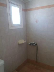 a bathroom with a shower with a window at Paradise Serenity in Thólos
