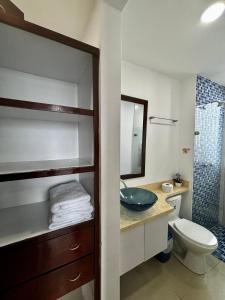 ein Badezimmer mit Waschbecken, Toilette und Dusche in der Unterkunft Paraíso en Bocagrande con Vista al Mar in Cartagena de Indias