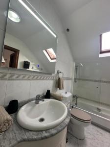 a bathroom with a sink and a toilet and a mirror at Ático en el Centro de Cambados in Cambados