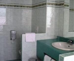 a bathroom with a sink and a toilet at Logis Hôtel Restaurant La Boule d'Or in Chinon