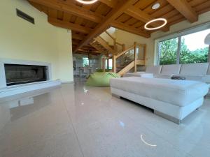 a living room with a couch and a fireplace at Drevenica Nela - Chalet in Tatras in Zuberec