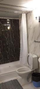 y baño con aseo y cortina de ducha. en Hostel Oscar, en Samarkand