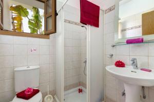 La salle de bains est pourvue de toilettes, d'un lavabo et d'une douche. dans l'établissement Akamas Bay View Villa, à Pólis Chrysochoús