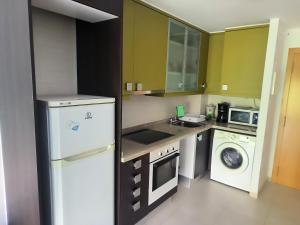 a small kitchen with green cabinets and a washer and dryer at apartamento3 in Benicarló