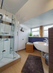 ein Badezimmer mit Glasdusche und Waschbecken in der Unterkunft Backstage Apartment Kiel-Holtenau in Kiel