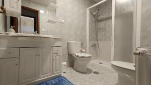 a white bathroom with a toilet and a shower at O Xardín Termal in Ourense