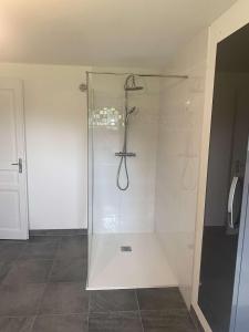 a shower with a glass door in a bathroom at Maison Copé in Châtillon-sur-Broué +3 photos