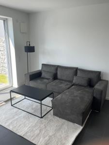 a living room with a couch and a coffee table at Luxuswohnung direkt am Phönixsee in Dortmund