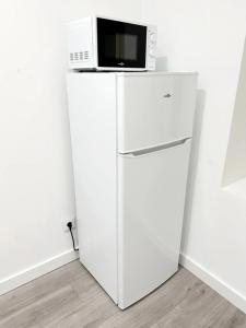 Elle comprend un réfrigérateur blanc et un four micro-ondes. dans l'établissement RS-0 - Chaleureux 2 pièces au RDC tout équipé 1 à 4 pers, à Mulhouse