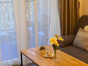 a coffee table with a vase of flowers on it at Apartment Pahuljica in Travnik