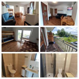 a collage of four pictures of a living room at Hotelik Europa Apartamenty i pokoje gościnne in Unieście