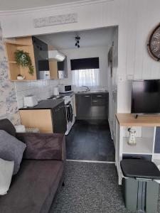 a small living room with a couch and a kitchen at 115 Modern South Facing Chalet on Sunbeach in Scratby Near Great Yarmouth in Scratby