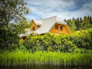 a wooden house sitting on the side of a lake at Chalet Hubertussee in Mariazell