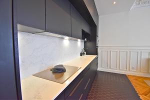 a kitchen with black cabinets and a counter top at Paris Pantin Prestige in Pantin +21 photos