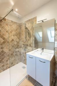 a bathroom with a sink and a shower at Château de Conon gîte l'Orangerie in Cellettes