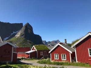 a row of houses with a mountain in the background at Reine Superior Panorama House in Reine