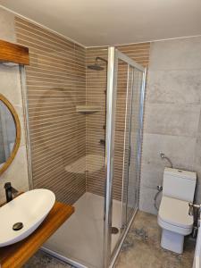 een badkamer met een douche, een toilet en een wastafel bij House Tereza in Vodice +43 foto's
