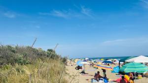 un gruppo di persone su una spiaggia con ombrelloni di Palma Verde a Castello di Brussa