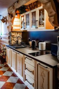 a kitchen with a stove and a counter top at Noclegi u Masnych in Witów
