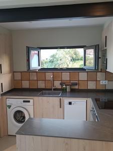 a kitchen with a sink and a washing machine at La Cambreta in Pedreguer