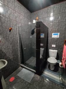 a bathroom with a shower with a toilet and a sink at Casa Estação da Paz in Miguel Pereira