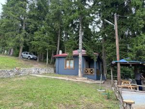 a small blue house with a car parked next to it at SUNGUR DAĞ EVi in Macka +3 photos
