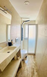un bagno con lavandino, WC e specchio di Sado Guest House ad Alcácer do Sal Altre 52 foto