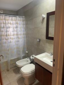 a bathroom with a toilet and a sink at Montevideo Suite in Rosario +5 photos